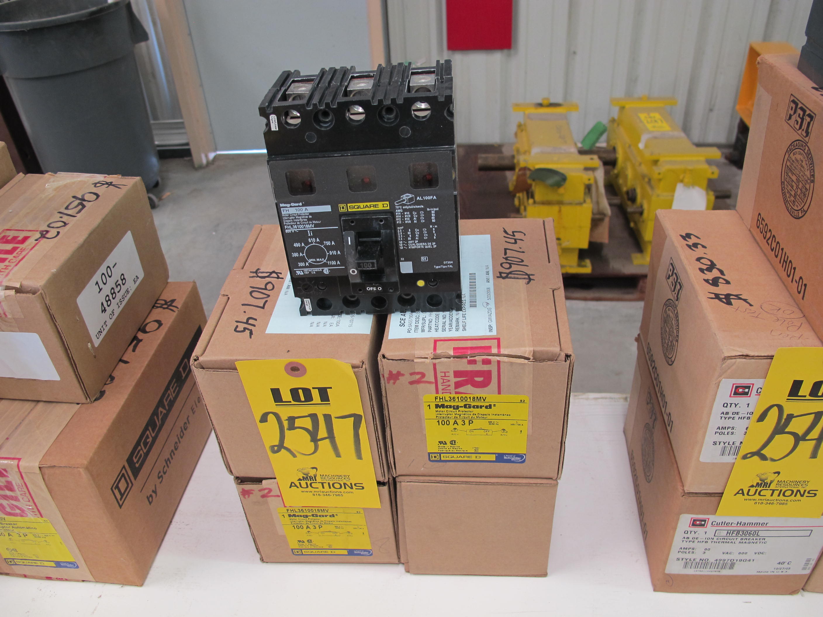 LOT (4) BREAKERS, CIRCUIT TYPE, MAGNETIC KIND, 100 AMP RATING, 600 AC VOLT RATING, 3 POLE. MOLDED CASE, 25KA INTERRUPT CURRENT, PART # FHL3610018MV (W-44) LOADING & HANDLING FEE $5-